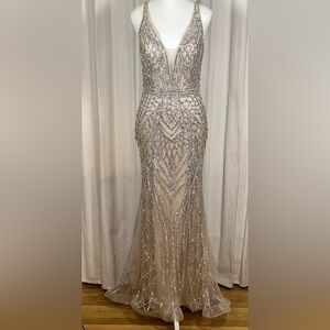 LaDivine Elegant Silver and Cream Evening Gown